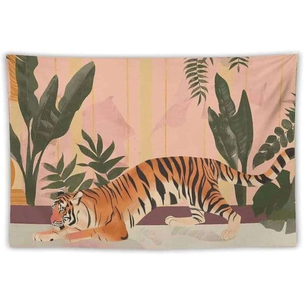 Minimalist Tiger & Plant Tapestry Art, Plane Print Aesthetic Wall Hanging Decor Bedroom Living Room, Suitable for Men a 26W0519