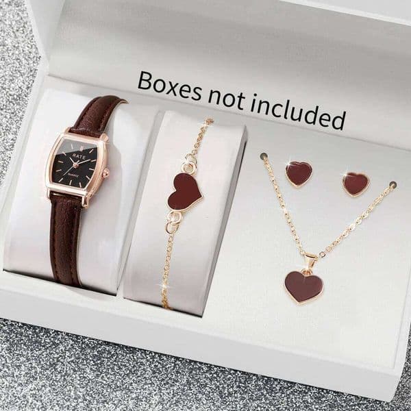 5PCS/Set FashionTonneau Dial Women Watches Simple Leather Strap Ladies Wristwatch Heart Jewelry Set Reloj Mujer (Without Box) W260520