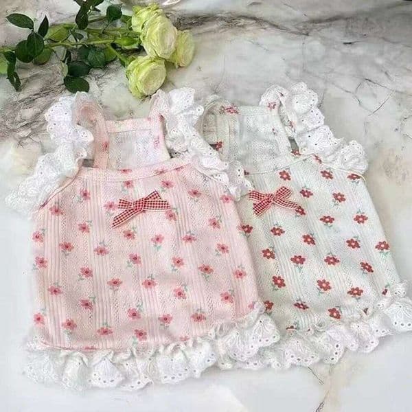 Flower Pattern Breathable Small Dog Vest Lace Trimmed Flying Sleeves Floral Cat Dress Cute Puppy Clothes J260520