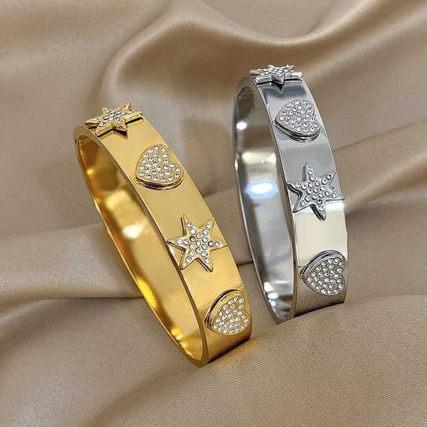 Luxury Inlaid zircon Star Heart Stainless Steel Cuff Bangles For Women Men New Trend Chunky Wide Stackable Waterproof H260520