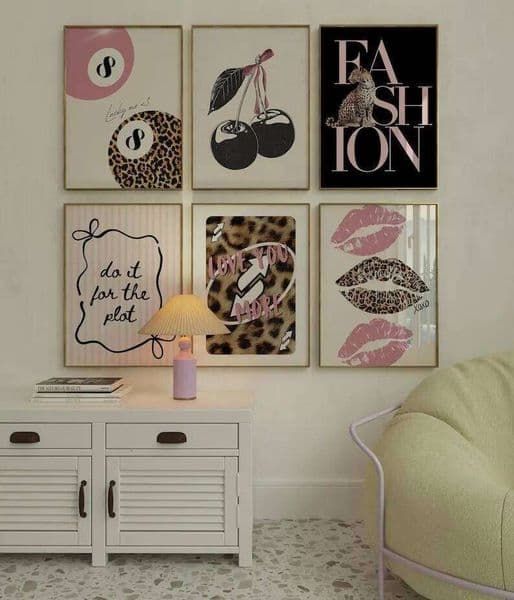 6pcs/set Pink Cheetah Animal Lucky No. 8 Ball Canvas Print Y2k Cherry Girl Quote Wall Art Poster for Valentine's Day Home Decor J260520