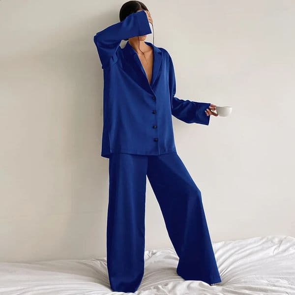 Womens Loungewear Longsleeved Suit Silk Shirt Thin Trousers Twopiece Set Pajamas 260520