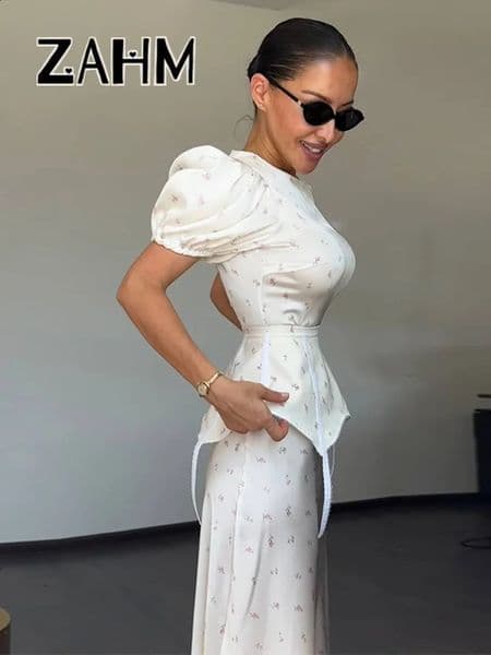 2026 Spring Summer Print Women Dress Sexy 3d Flower Button V-neck Pleated Hip Package Long Sleeve Dresses Party Lady Robe 260515