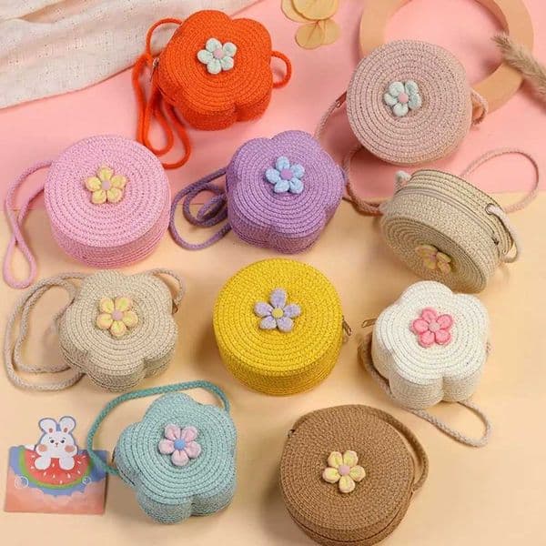 Casual Handmade Woven Bag Flower Shape Solid Color Crossbody Bag Zipper Coin Purse Children H260520