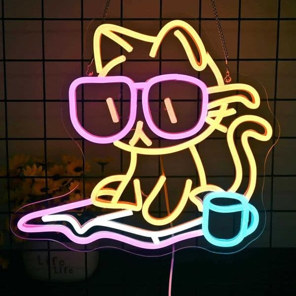 Cute Cat with Glasses Reading Book LED Neon Sign for Bedroom Living Room Cafe Decor Study Theme Night Light Cozy Fun Atmosphere H260520