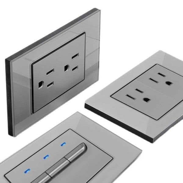 Grey Power Reset Switch Glass Panel Socket American Modular Mounting Dual USB Type C Charger Adapter 1/2/3gang2way LED Backlight T260520