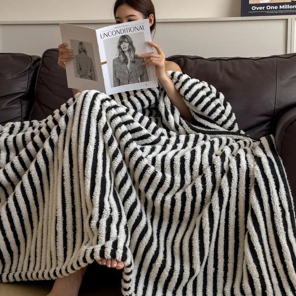 Rabbit Plush Striped Blanket Fluffy Soft Fleece Throw for Sofa Single Double Spring Autumn Warm Bed Blankets 260520