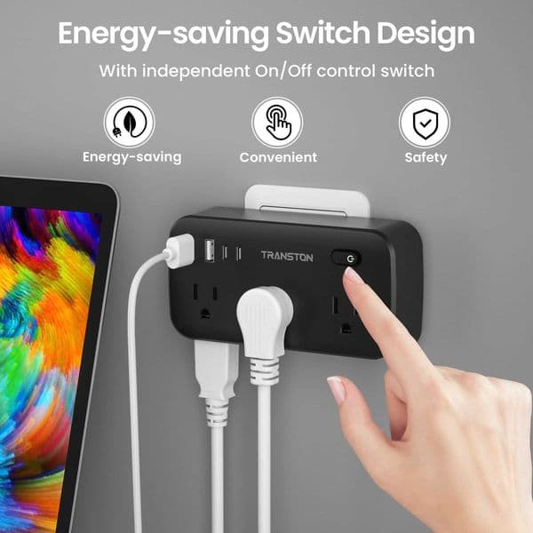 black-power strip surge protector with 6 AC Outlets2 USB 2 USB-C Fast Charging Ports10 in 145tilt plugAdvanced Protection T260520