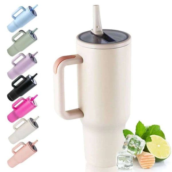 40 Oz Mug with Handle and Flip Top Straw, Double Wall Vacuum 12 Hour Insulated Water Bottle Leak Proof BPA Free 26Y0520