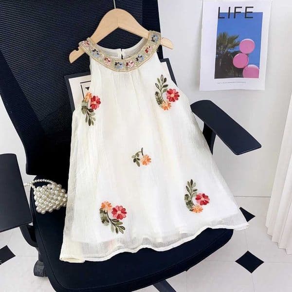 Summer Girls Casual Sleeveless O-Neck Floral Embroidery Halter Dress 1 Pc 2-7 Years Kids Fashion Cute ClothingT260520