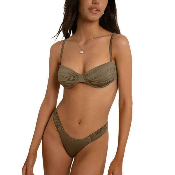 Classics Basics Women Swim Bikini Suit Solid Color Pleated Sleeveless Bra Shorts Briefs Swimwear Swimsuit