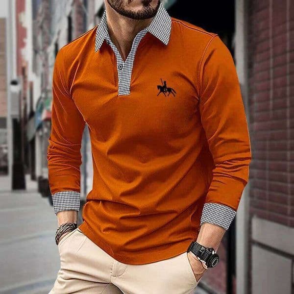 Men's Houndstooth Patchwork Long Sleeve Polo Shirt Classic Casual Business Tops Breathable Lightweight Knitwear for Spring Fall J260520