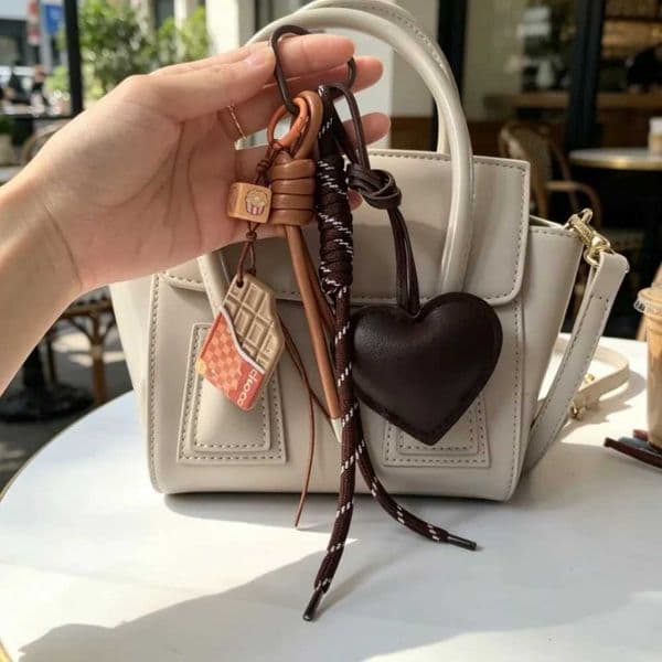 Heart Leather Bag Charm Keychain Braided Cord Acrylic Chocolate Pendant Cute Food Themed Accessory for Women L260519