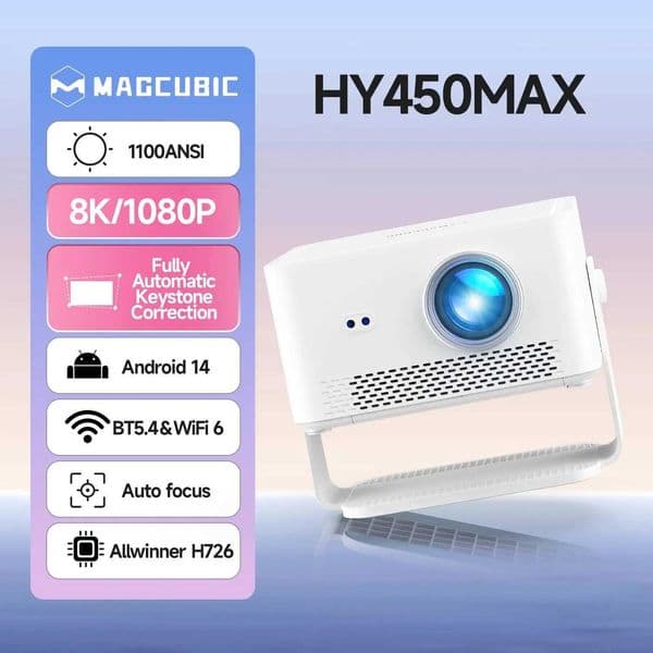 HY450MAX 1100 ANSI Lumens Projector 1080P Wifi6 Beam 8K Native Android 14 Portable Projectors Movie Auto Focus T260520