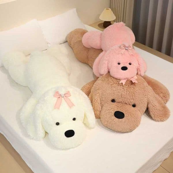 Cute and sweet plush toy of a dog lying down with a bow large teddy dog comfort doll for childrens bedsL260520181Y