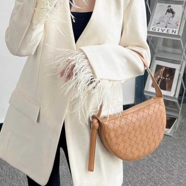 Luxury Woven Leather Half Moon Crossbody Bag Women Casual Zipper Saddle Purse