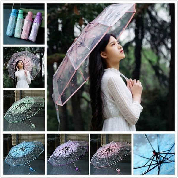 Cherry Blossom Printed Clear Umbrella Three-Fold Transparent Umbrella Rain Gear Outdoor Sunshade Uv Protection C260520