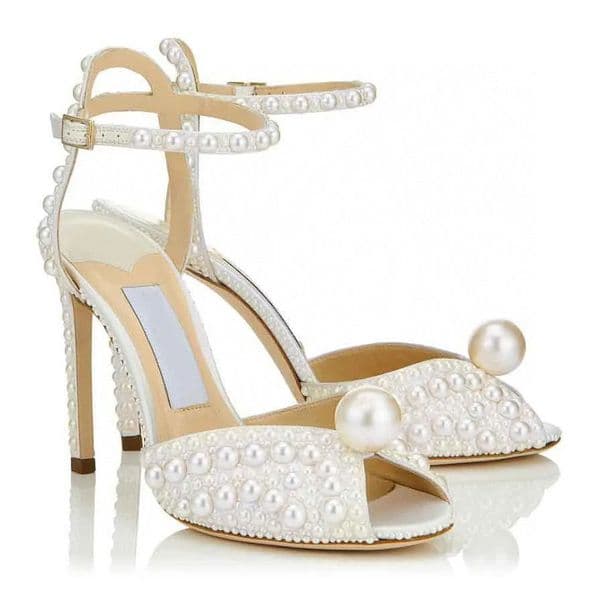 Pearl Decoration Lace Stiletto Heel sandals Silk High-heeled sandals ankle strap Rhinestone crystal Dress shoes womens Luxury designer Dinner party shoes