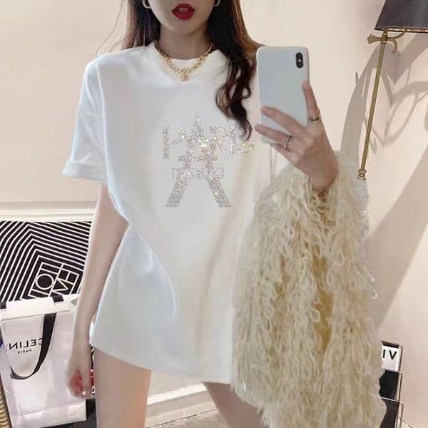 Princess Style Women Cotton T Shirt Heavy Diamond Eiffel Tower Pattern Plus Size Slim Fit Mid Length Fashion Short Sleeve Tops