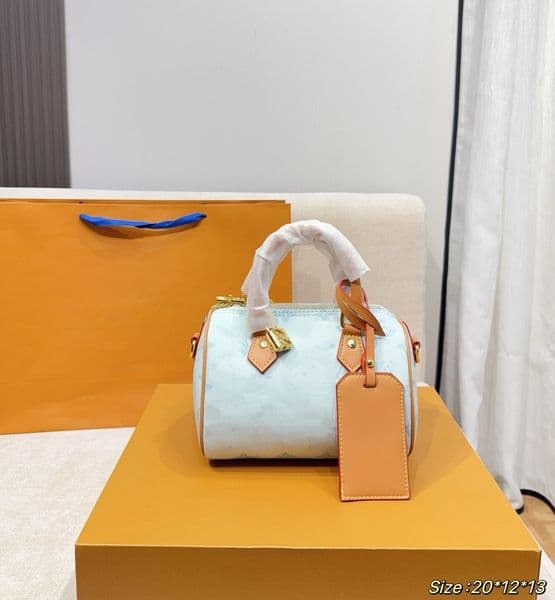 Designer Fashion Bag Speed 20cm Multi Color Handbag - Luxury Boston Letter Bag with Removable Shoulder Strap and Mini Bag, Women's Denim Canvas Crossbody Bag