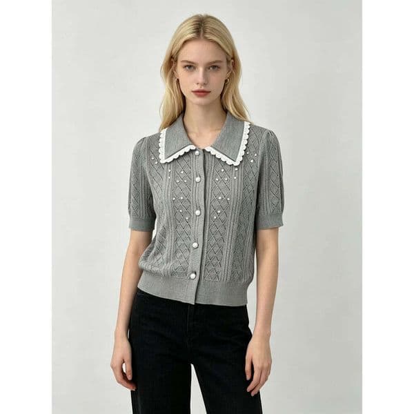French Sweet Peter Pan Collar Knit Top, Contrast Color Diamond Crochet Pearl Button Short Sleeve Cardigan Daily Office Lady
