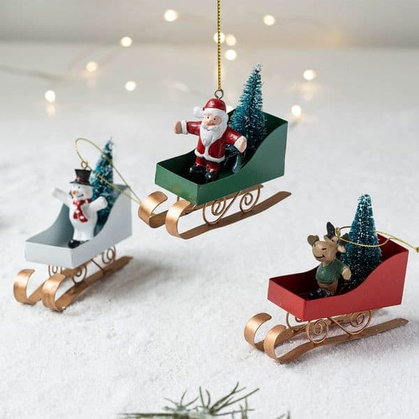 Metal Sleigh Ornaments with Santa, Snowman & Reindeer, Christmas Tree Decor