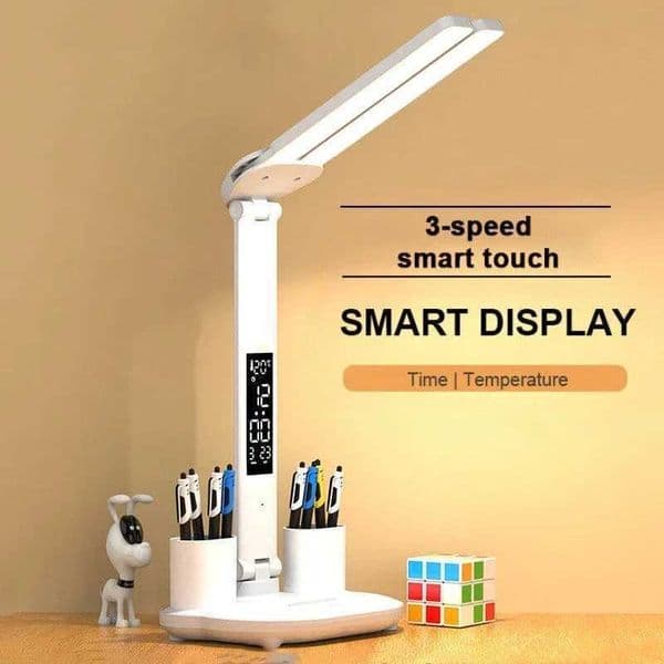 LED Clock Table Lamp USB Chargeable Dimmable Desk Lamp 2 Heads 180 Rotate Foldable Eye Protection Desktop LED Reading Night Lamp C260521