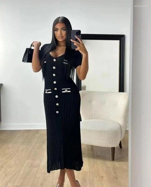 Casual Dresses Elegant Knitted Maxi Bodycon Short Sleeve Ruffles Single Breasted 2026 Dress Communte Streetwear Vestidos
