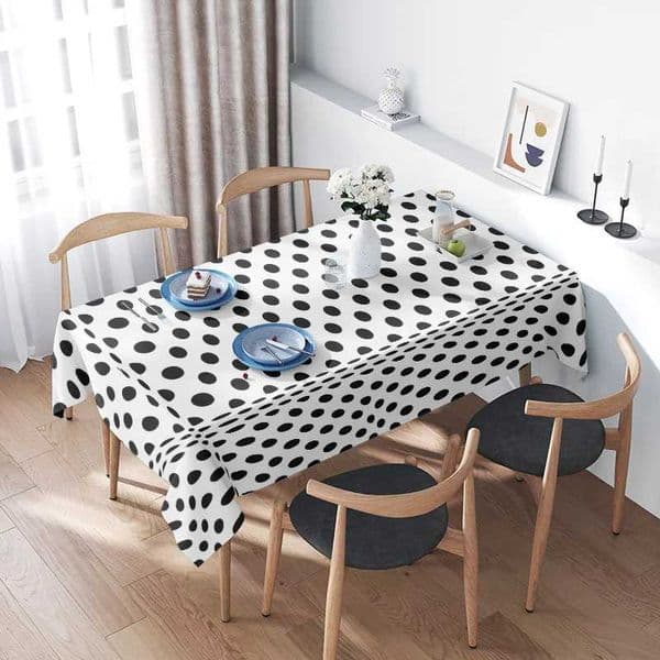 Polka Dot Tablecloth - Black White Polyester Fabric Rectangular Dining Decor - Perfect for Kitchen and Home L260521