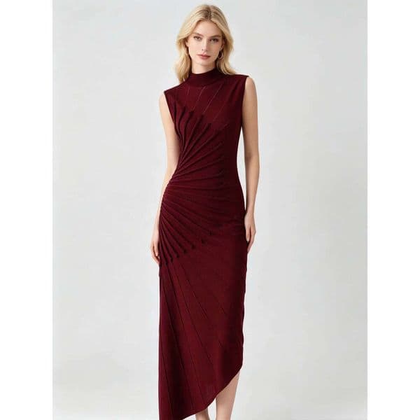 Women Burgundy Pleated Knit Maxi Dress High Neck Sleeveless Asymmetrical Bodycon Party Dress Plus Size Loose