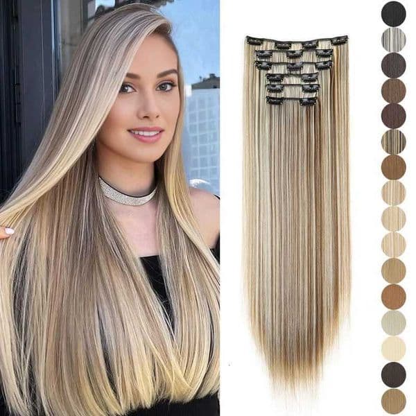 Synthetic 24Inch 16 Clips in Hair Extensions Long Straight Hairstyle Blonde Black Hairpieces Heat Resistant False Hair Daily Use C260521