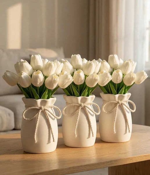 3/4Pcs Shatterproof Plastic Vase Set with Artificial Tulips Real Touch PU Flowers Bouquet Wabi-Sabi Home Room Decor Table Center L260521