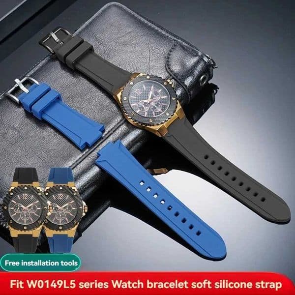 For GUESS Watch W0149L5 Series Watchband Chain Soft Resin Silicone Rubber Convex 26x14mm Watch Strap Wristband Black Blue L260521