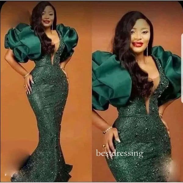 Elegant Green Prom Dresses With Puff Sleeves Beads Sequined Mermaid Evening Gowns Plus Size Special Ocn Party Dress Bc14347 For African Women Bd521