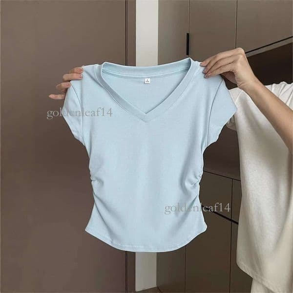 92 Cotton Blue Regular Shoulder Short Sleeve T-Shirt Women's Summer Slim Fit Stylish Pleated Waist Short Top 3b4
