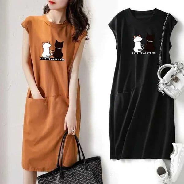 Women Summer Kawaii Cat Print Dress Korean Fashion Aesthetic Clothes Casual Streetwear Black Loose Midi Dresses for Women 2023 M260521