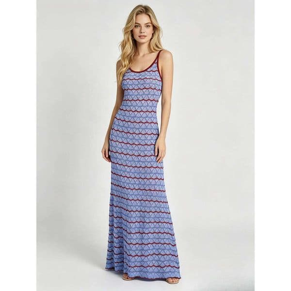Women's Summer Knitted Cami Maxi Dress Hollow Out Striped Contrast Color Sleeveless Tank Dress Bohemian Beach Sundress Solid Color Simple