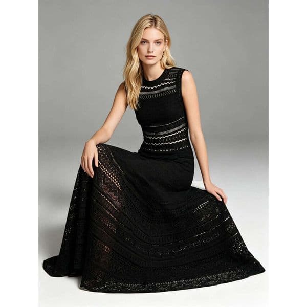French Vacation Multi-Color Openwork Knit Tank Dress, Crew Neck Sleeveless Fitted A-Line Beach Sundress Cross Neck Temperament