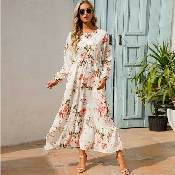 Women Maxi Dresses Sping Autumn Bohemian Casual Full Sleeve High Waist Beach Woman Chiffon Dresses Floral Vestidoes Long Dress H260521