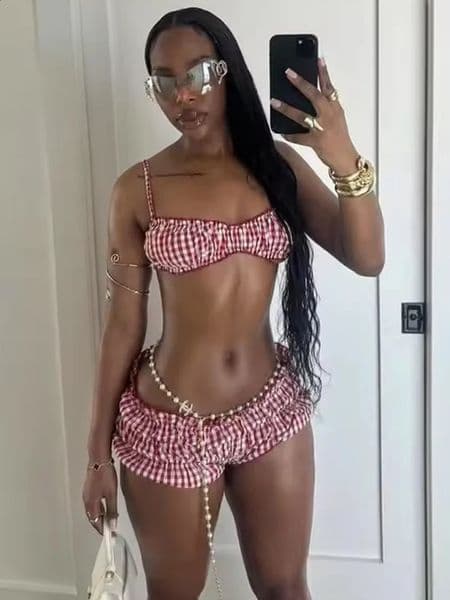 Weird Puss Stripe Women 2 Piece Set Beach Vacation Elastic CamisoleRuched Shorts Matching Clubwear Midnight Summer Swimsuit 260520