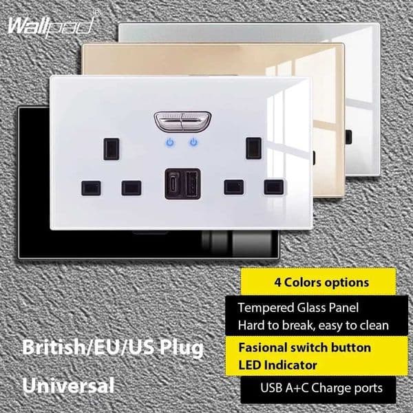 UK 13A Double Switched Wall Sockets with LED Indicator Light USB Type C Charging Ports British Standard Plug Glass Panel T260520