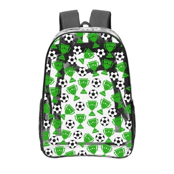 POD.DIY Designer Clear PVC Backpack with Soccer Trophy Print Stadium Approved Transparent School Bag