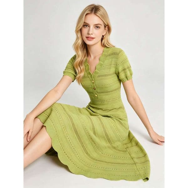 2026 New Arrival Green Knitted Dress Women V-Neck Button Decor Short Sleeve Slim Fit A-Line Midi Dress Bandage Bodycon
