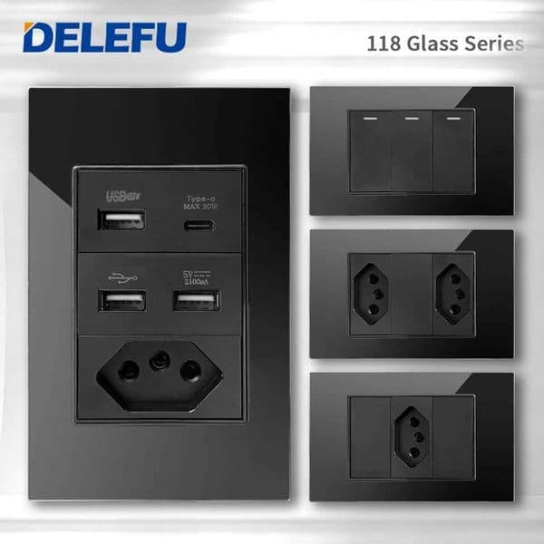 DELEFU 42 Black Tempered Glass Brazil Standard Outlet Dual Usb Type C Wall Socket Light Switch Switzerland 10A 20A T260520