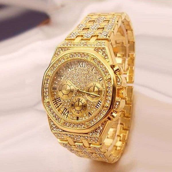 2022 Reloj Hombre Ice Out Luxury Business Yellow Gold Watches Men Full Rhinestone Quartz Wristwatches Male Clock 26L0521