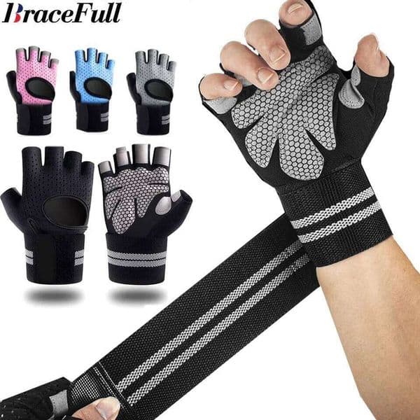 1Pair Half Finger Gym Fitness Gloves with Wrist Wrap Support for Men Women Crossfit Workout Power Weight Lifting Equipment 26W0521