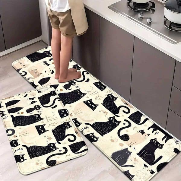 VIKAMA Black Cat White Kitchen Carpet Long Carpet Waterproof Foot Mat Rug For Bedroom Carpet For Live Room laundry Room CarpetT260521
