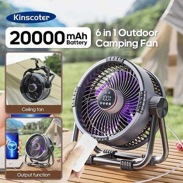 Portable 6 in 1 Camping Fan 20000mAh Multifunctional Outdoor Desktop Air Circulator Wireless Ceiling w/ Hook Light T260520CPIT
