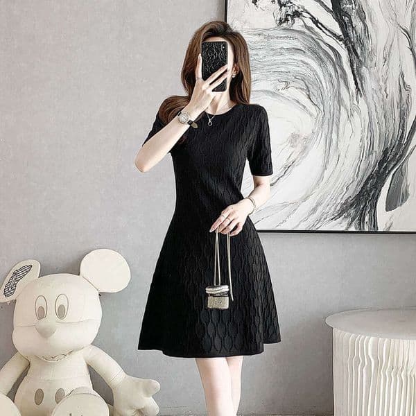 French Minimalist Style Knit Dress, Black Diamond Textured Round Neck Waisted A-Line Midi Dress, Slimming Elegant Wear