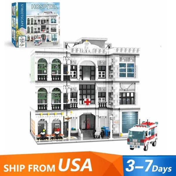 4958PCS Hospital House Buildings Sets with 17 Figures City Architecture Modular Building Block Assembly Model Kit DIY Adult GiftJ260521